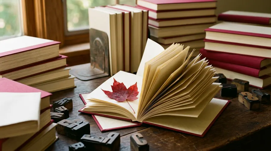 Stacks of red and cream books with a maple leaf resting on an open book