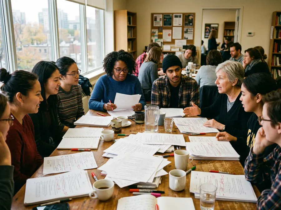 Writers, editors and students collaborating around a table covered in manuscripts